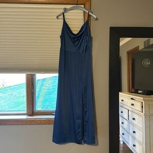Beautiful Navy Blue Cowl Neck Satin Dress